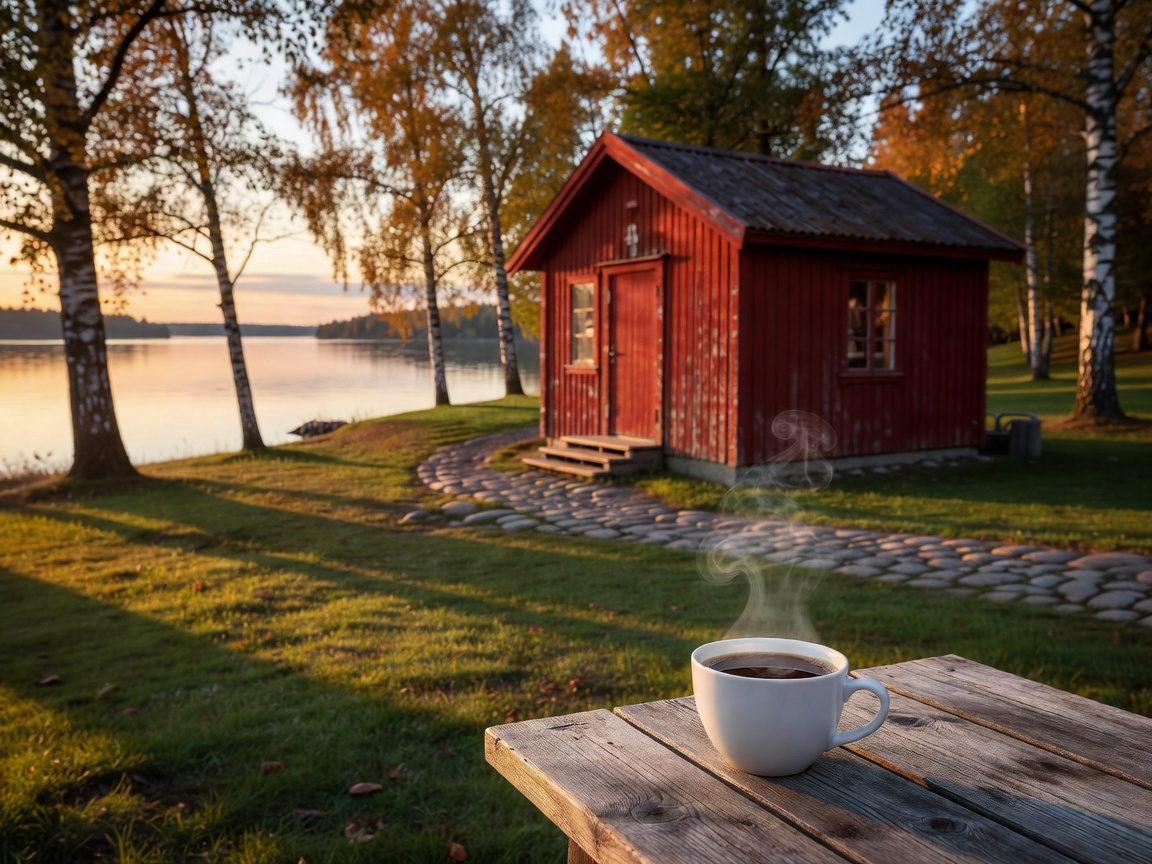 Ikoninen Cafe Regatta punainen mökki merenrannalla Töölössä ja herullinen korvapuusti pöydällä