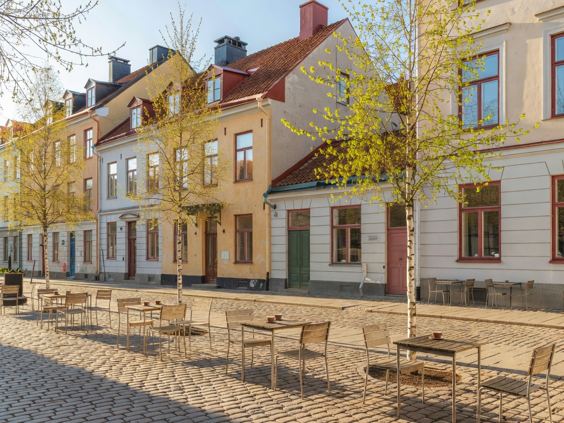 Keväinen aurinkoinen katu ja terassipöydät helsinkiläisessä korttelissa
