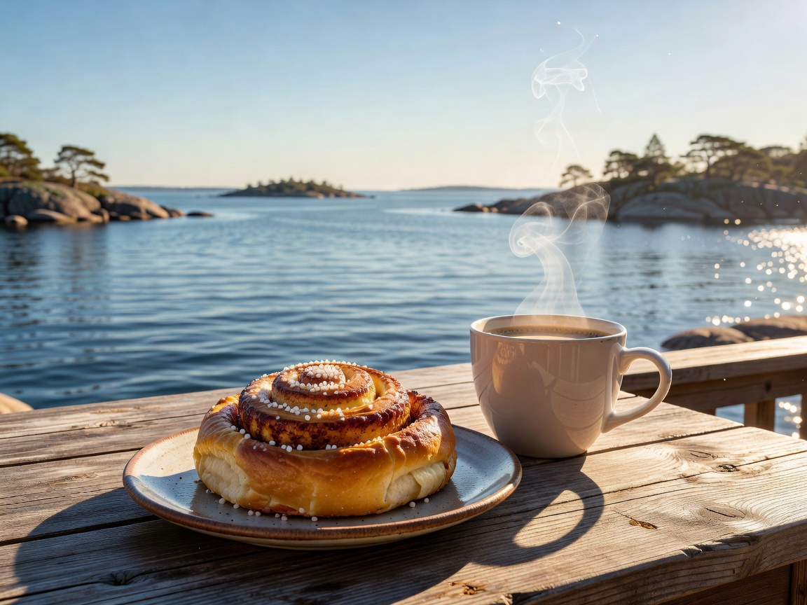 Lämmin juoma ja vastaleivottu Cafe Regatta korvapuusti merinäköalalla aurinkoisena päivänä